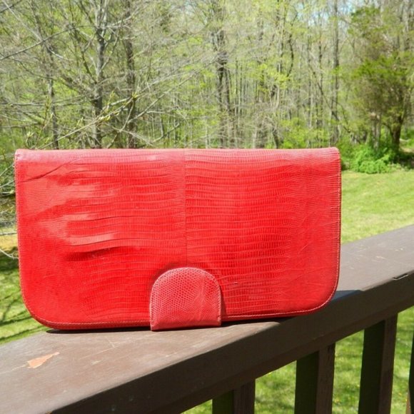 VTG. Exotic Red Tagus Lizard Skin Large Clutch Bag Bennis/Edwards NYC, Italy EUC - Picture 2 of 11